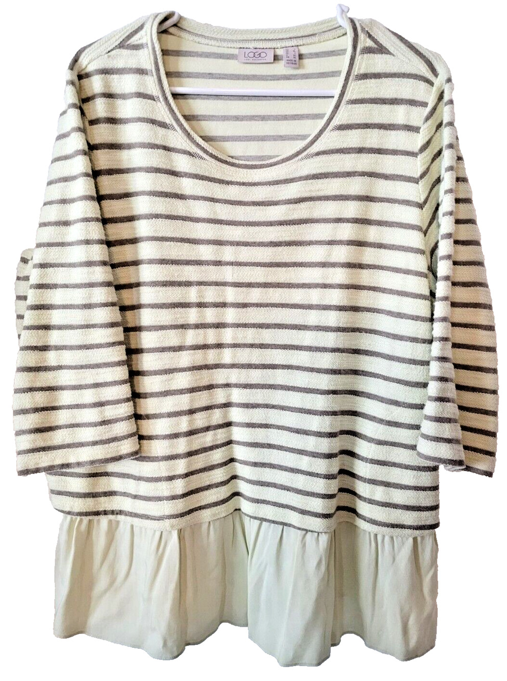 LOGO by Lori Goldstein Large Oversized Striped Blouse Ruffle Hem Cream Gray